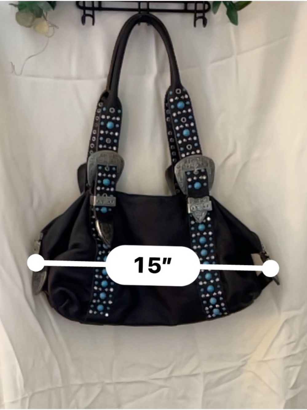 Dark Brown Shoulder Bag with Turquoise Stud Detailing - Picture 7 of 9